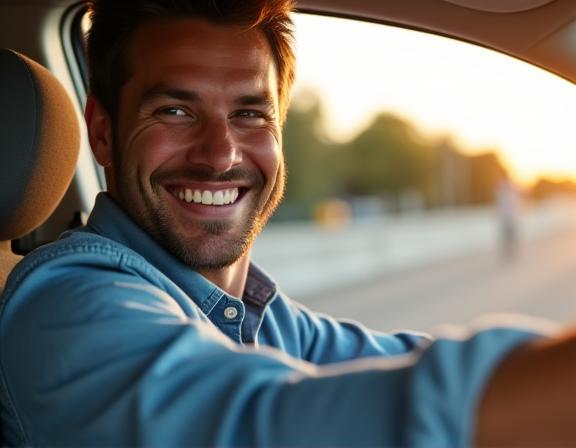 Conductor sonriendo mientras pasa por un carril exclusivo de telepeaje.