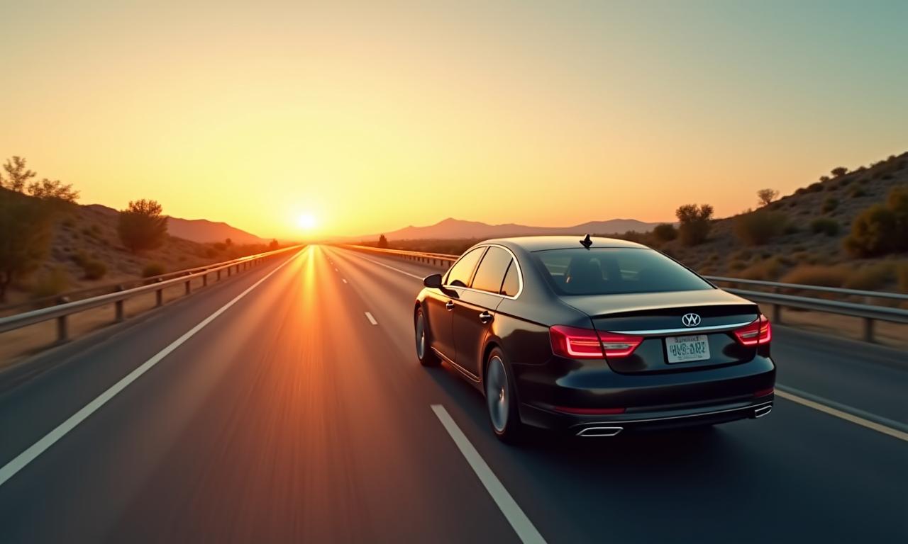 Automóvil moderno viajando por una autopista mexicana despejada al atardecer.