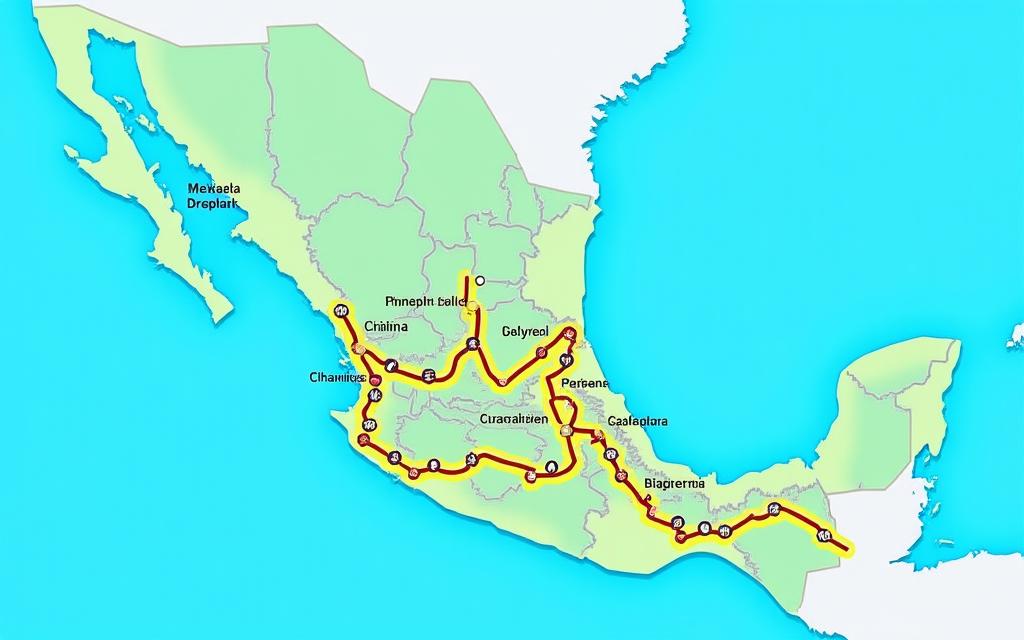 Mapa de la República Mexicana con las principales autopistas de la red destacadas.